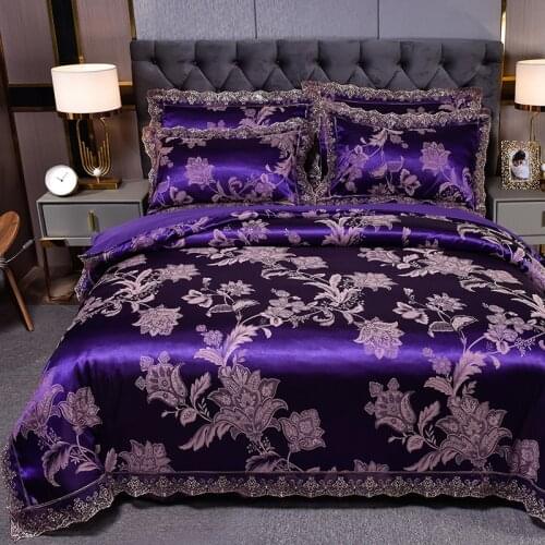 Dropshipping Wedding Duvet Cover Set Jacquard bedding set Lace Pillowcase (3PCS no Bedsheet )European luxury Purple flowers
