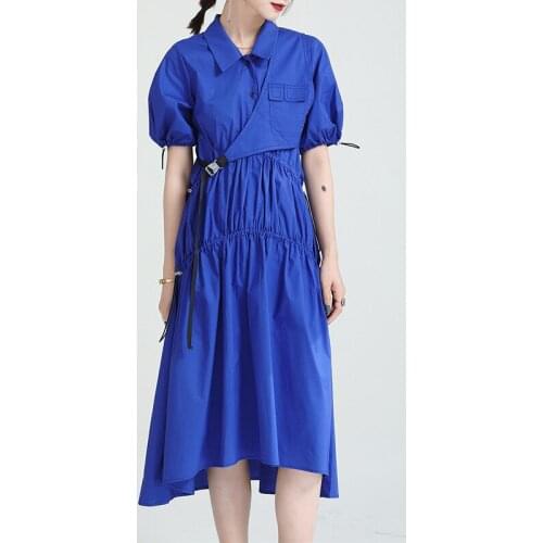 Yamamoto Wind Blue Puff Sleeve Dress Irregular + Irregular Waistcoat Two-Piece Dress Waist Long Skirt Street Hipster