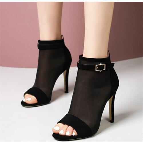 Women spring summer peep toe ankle boots fashion lace up Net yarn boots top quality big size 33-43