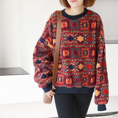 Johnature Print Leisure Hoodies Women Clothes 2021 New Autumn Pullovers O-neck Casual Geometric National Style Ladies Hoodies