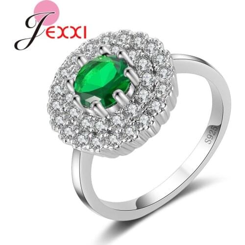 Hot Sale 925 Sterling Silver Rings With AAA Cubic Zirconia Fashion Round Green Crystal Women Wedding Engagement Ring