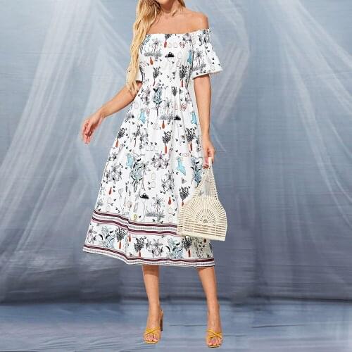 Women Summer Off Shoulder Print Midi Dress New Arrival 2021 Fashion Sexy Short Sleeve Floral Slim A-line Dresses For Woman