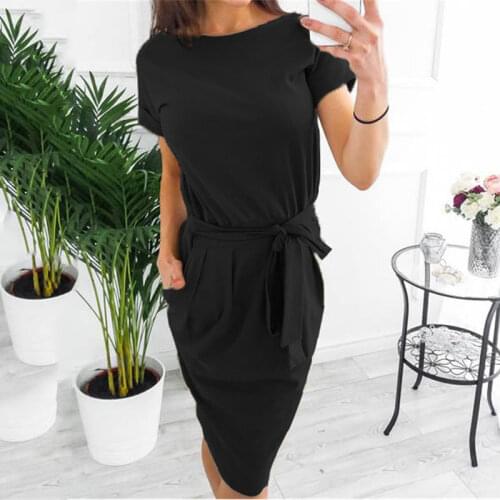 Women O Neck Casual Office Dresses Lady Simple Pocket Elegant Sukienka 2021 Spring Summer Gathered Bandage Dress Midi Dress
