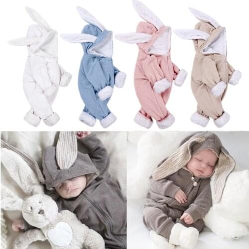 Winter Children Baby Long Sleeves Rompers Warm Cute Bunny Ears Hooded Jumpsuit Rompers Infant Kids Cotton Winter Outfits Costume