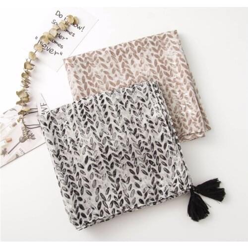 2021 Newest Women Leaf Printed Tassel Scarf Silver Foil Scarf Cotton Scarf Shawls Wraps