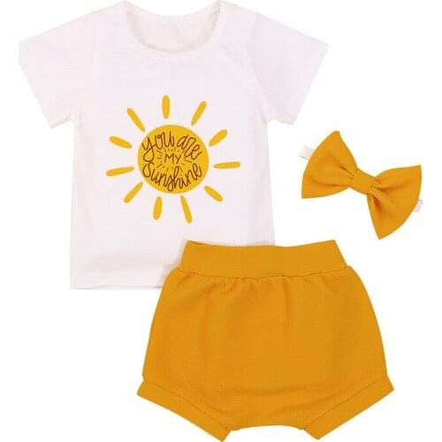 1-3 Years Baby Girls 3pcs Outfits Sun Letter Print T-Shirt Tops Solid Yellow Shorts Headband Infant Girls Summer Clothes Set