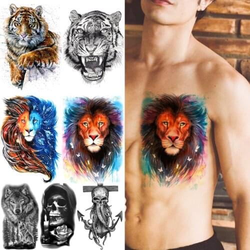 Watercolor Lion Butterfly Temporary Tattoos For Men Women Tiger Wolf Skull Pirate Anchor Fake Tattoo Sticker Chest Arm Tatoos