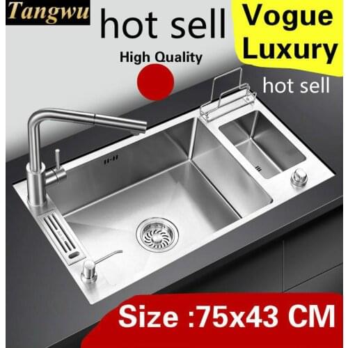 Free shipping Apartment luxury kitchen manual sink single trough vogue do the dishes 304 stainless steel hot sell 750x430 MM