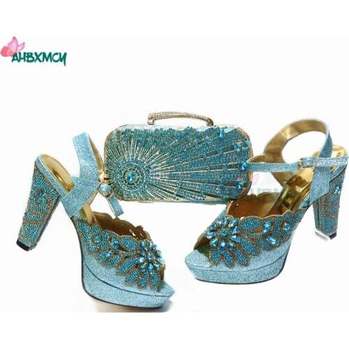 2021 Mature Style Italian Women Shoes Matching Bag Set in Sky Blue Color Super High Heels Sandals for Wedding