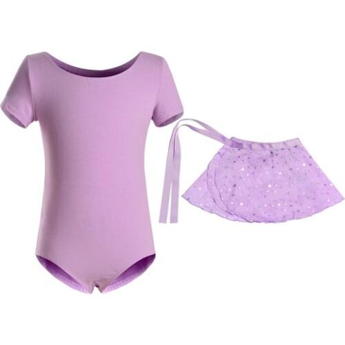 Children Kids Purple Cotton Short Sleeve Leotard Clothes Girls Ballet Dance Gymnastics Dancewear with Glittering Skirt