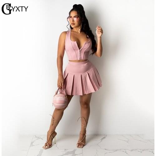 GBYXTY Casual Crop Tank Tops and Mini Pleated Tennis Skirt 2 Piece Set for Women Summer Sport Outfits Femme Tracksuit ZL1218