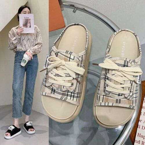 Canvas Slippers Womens Summer 2021 New Thick-soled Jelly Casual Fashion All-match Flat Shoes