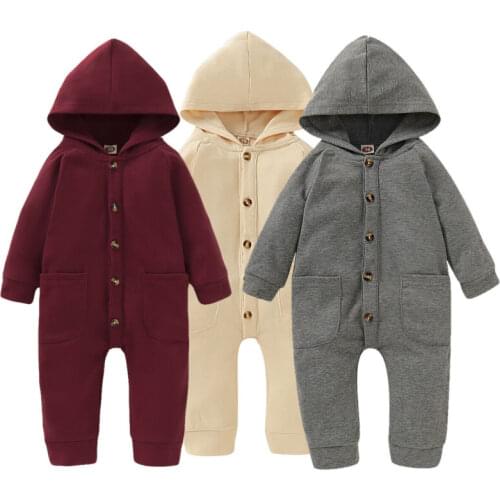 Fast Shipping 0-18M Autumn Infant Baby Boy Girl Cotton Hooded Romper Long Sleeve Cotton Solid Autumn Jumpsuit Clothes Outfit