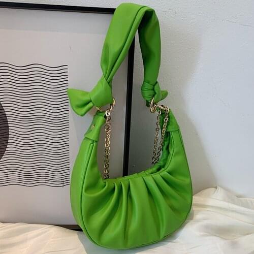 Small Leather Chain Women Hobo Crossbody Bags Pleated Designer Tote Shoulder Bags Green Female Handbags Solid Color Underarm Bag