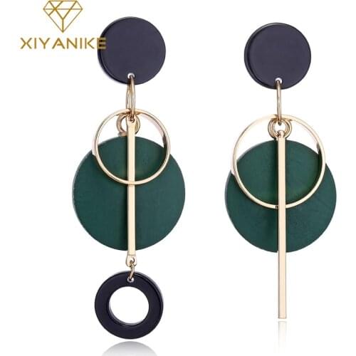 XIYANIKE Fashion Statement Drop Round Wood Earrings for Women Geometry Hollow Alloy Dangle Earring Ethnic Jewelry Gifts E1604