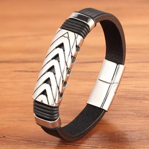 Fashion Luxury Charm Braided Golden Magnetic Rope Leather Men Bracelets Black Bangle Stainless Steel Wholesale Accessories