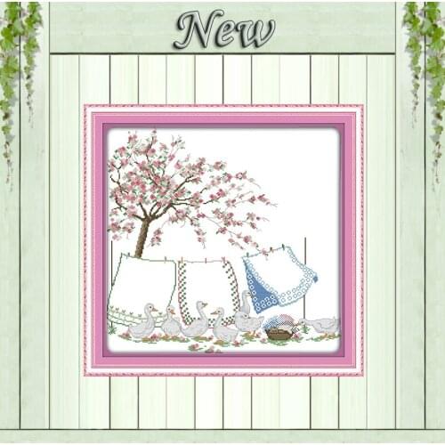Drying the quilts goose Duck flower painting Counted printed on fabric Cross Stitch Needlework kits DMC 14CT 11CT Embroider Sets