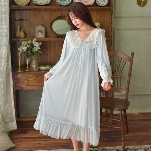 Soft Modal Womens Lace Long Nightgowns Vintage White Lace Princess Long Sleeve Long Sleepwear Solid Color Nighty Spring Autumn