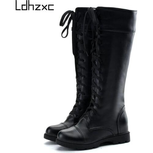 LDHZXC Size 34-43 New Woman Pu Leather Knee High Boots Lace Up Shoes Woman Winter Warm Boots Platform Heels Footwear
