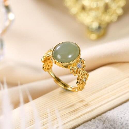 Original S925 Sterling Silver Gold Plated Natural Hetian Jade Gray Jade Light Luxury Fresh Lady Opening Ring Ring