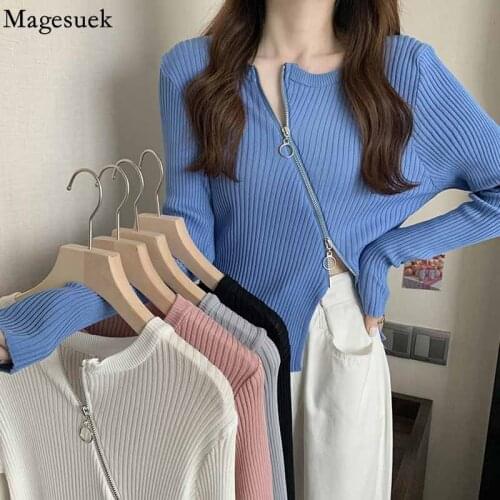 2021 Autumn Knitted Cardigan Sweater Women Elegant Zipper Design Jacket Female Slim Sweater Long Sleeve Bottoming Shirt 16407