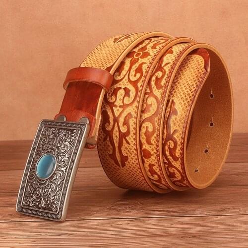 Quality Design Chinese Ethnic Style Auspicious Pattern Embossing Cow Shin Genuine Leather Belt for Men 3.8cm Wide