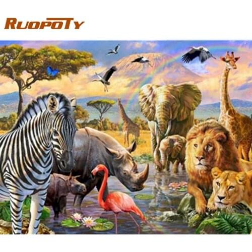 RUOPOTY Framed Canvas By Numbers For Colorful Animal World Oil Paint By Number 40x50cm HandPainted Home Decor Wall Artcraft