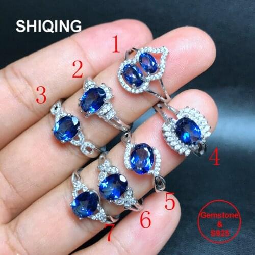 SHIQING 6*8mm nature blue topaz 925 sterling silver butterfly flower eyes gourd gemstone rings for her