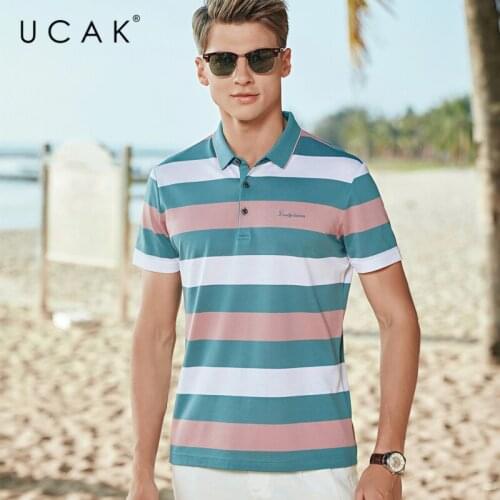 UCAK Brand Classic Turn-down Collar Striped T-Shirt Men Clothes Summer New Fashion Style Streetwear Casual Cotton Tee Tops U5584