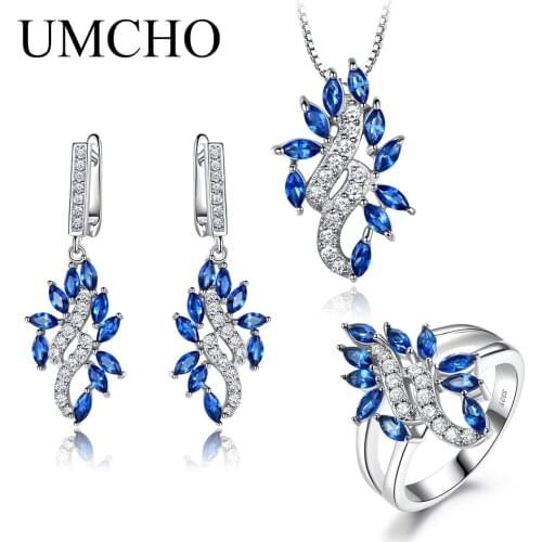 UMCHO 925 Sterling Silver Jewelry Set for Women Blue Sapphire Gemstone Ring Pendant Drop Earring Engagement Jewelry