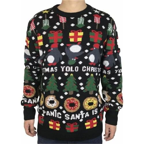 Funny Knitted Yolo Ugly Christmas Sweater for Men Kawaii Mens Penguin Donut Holiday Season Ugly Xmas Sweaters Pullover Jumper