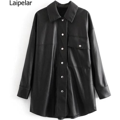 2021 Autumn Winter Women Khaki Faux Leather Jacket Coat Ladies Long Sleeve Loose Oversize Boy Friend Coat