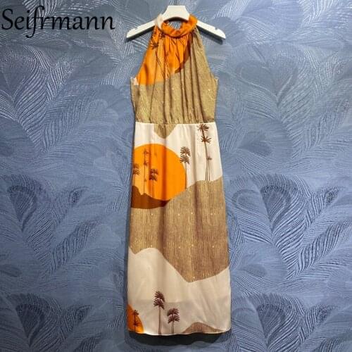 Seifrmann New 2021 Summer Women Fashion Designer Party A-Line Dress Sleeveless High Waist Floral Printed Elegant Long Dresses