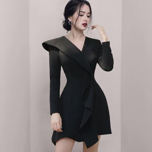 2020 New Runway Women Black Dresses Ruffles Party Irregular Length Sexy Celebrate Ladies Slim and slim mini dress