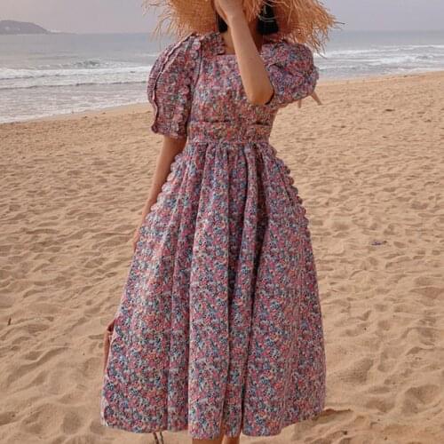 2020 Summer vintage Floral dress Women puff sleeves flower print slim ball gown dress