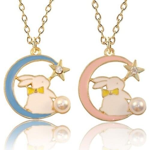 DIY Golden Enamel Alloy Pendant Moon Bow Five-Pointed Star Pearl Rabbit Pendant Necklace Beautiful Girl Birthday Party Gift