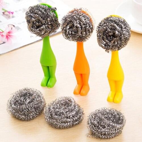 1PC Plastic Shy Guy Shape Wash Pot Brush Clean Ball Brush Wire Ball Long Handle Cup Brush Pot Brush Color Random 50gC