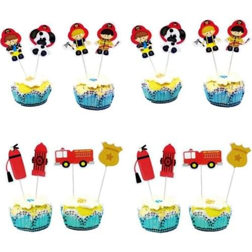 24pcs/lot Baby Shower Cake Picks Happy Birthday Events Party Boys Kids Favors Fireman Theme Decoration Cupcake Toppers Supplies