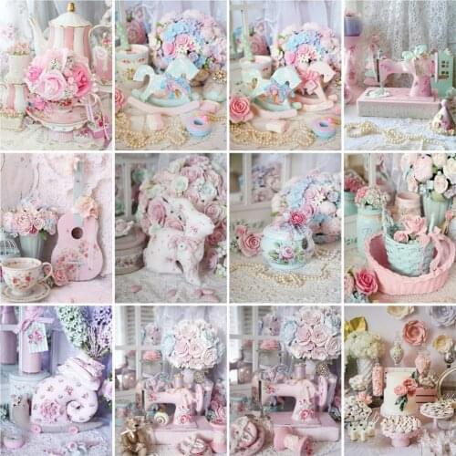 Huacan 5d Diamond Painting Pink Rose Flower Mosaic Sewing Machine Embroidery Scenery Home Decor Diamond Art