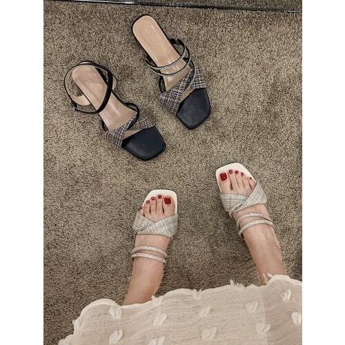 Sandals Womens Shoes 2021 New Style Two-wear Fashion Flashing Diamond Square Toe Thick Heel Low Heel Slippers