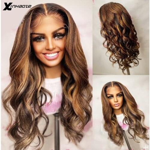 Brazilian Remy 5x5 PU Silk Base Human Hair Wigs Brown Highlight Color Body Wave 13x6x1 Lace Front Wigs With Pre Plucked Hairline