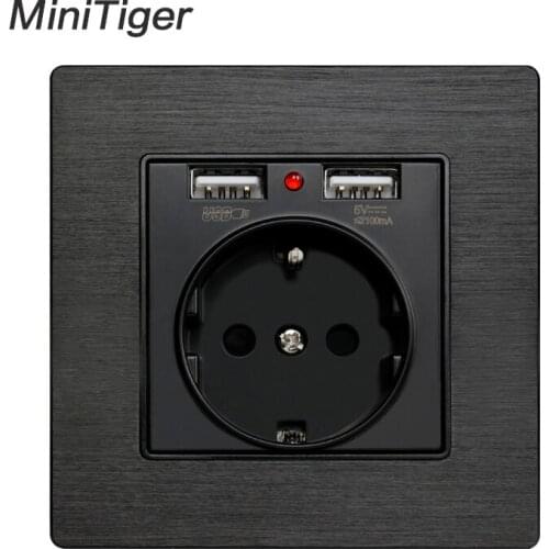 Minitiger Black Aluminum Metal Panel Dual USB Charging Port 2.1A 16A Russia Spain Wall Socket EU Power Outlet R8 Series