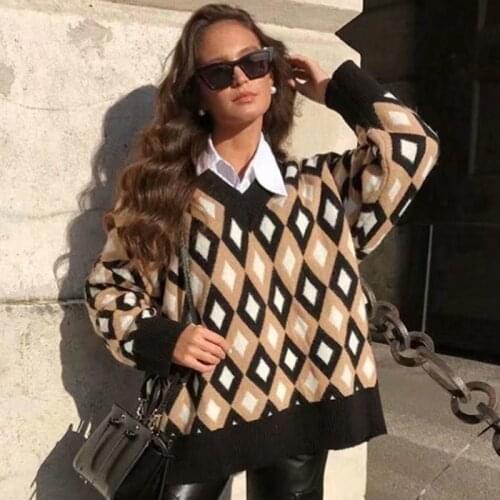 Elegant women diamond pattern sweaters 2021 fashion ladies v-neck knitted sweater female oversize knitwear girls chic pullovers
