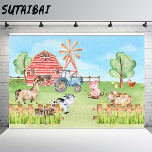 Farm Animals Photography Backdrop Red Barn Tractor Boys Birthday Party Decoration Background Vinyl Newborn Decoration PhotoBooth