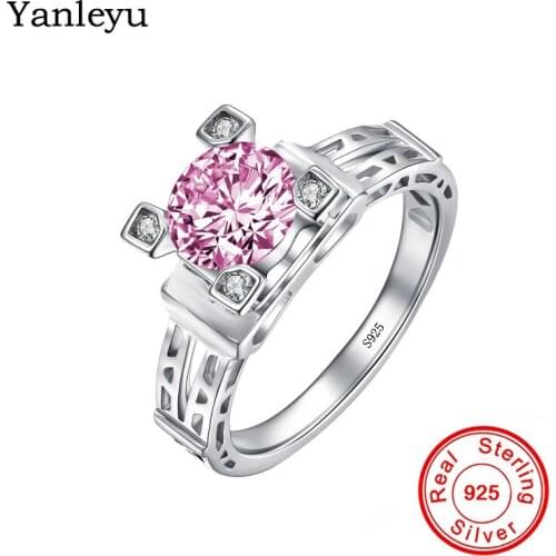 Yanleyu Romantic Pink Cubic Zirconia Wedding Ring 100% Real 925 Sterling Silver Eiffel Tower Engagement Rings for Women PR369