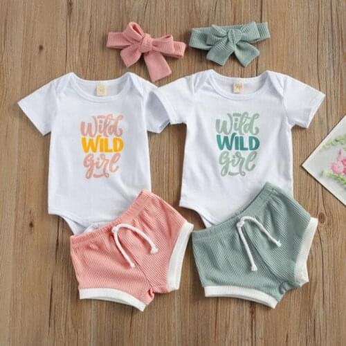 Girls Three Piece Set Infants Lettering Short Sleeve Romper Crew Neck Shirt Ribbed Knit Shorts With Kerchief Baby Romper