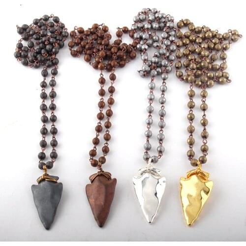MOODPC Fashion Bohemian Tribal Jewelry Rosary Chain 6mm Faceted Hematite Stone Arrowhead Pendant Necklace