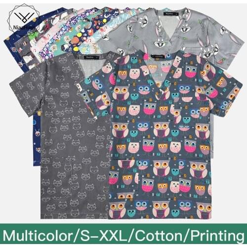 Gray Owl Printing Spa Uniform Women Beauty And Health Scrubs Tops Beauty Salon Work Uniform Beauty Salon Scrubs Tops Workwear