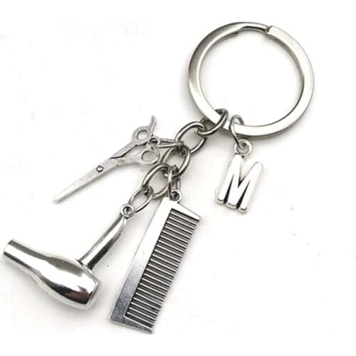 New fashion hair stylist must have hair dryer scissors comb decoration key ring hairdresser gift hair dryer A-Z letter keychain