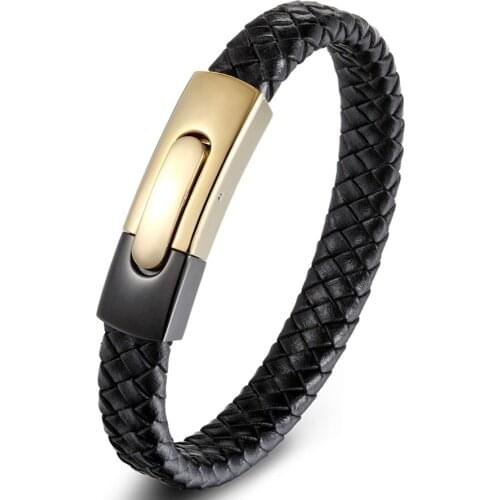 Punk Easy Hook Black Gold Combination Snake Chain Stainless Steel Leather Bracelet For Men Fashion Magnetic Bracelet Gift